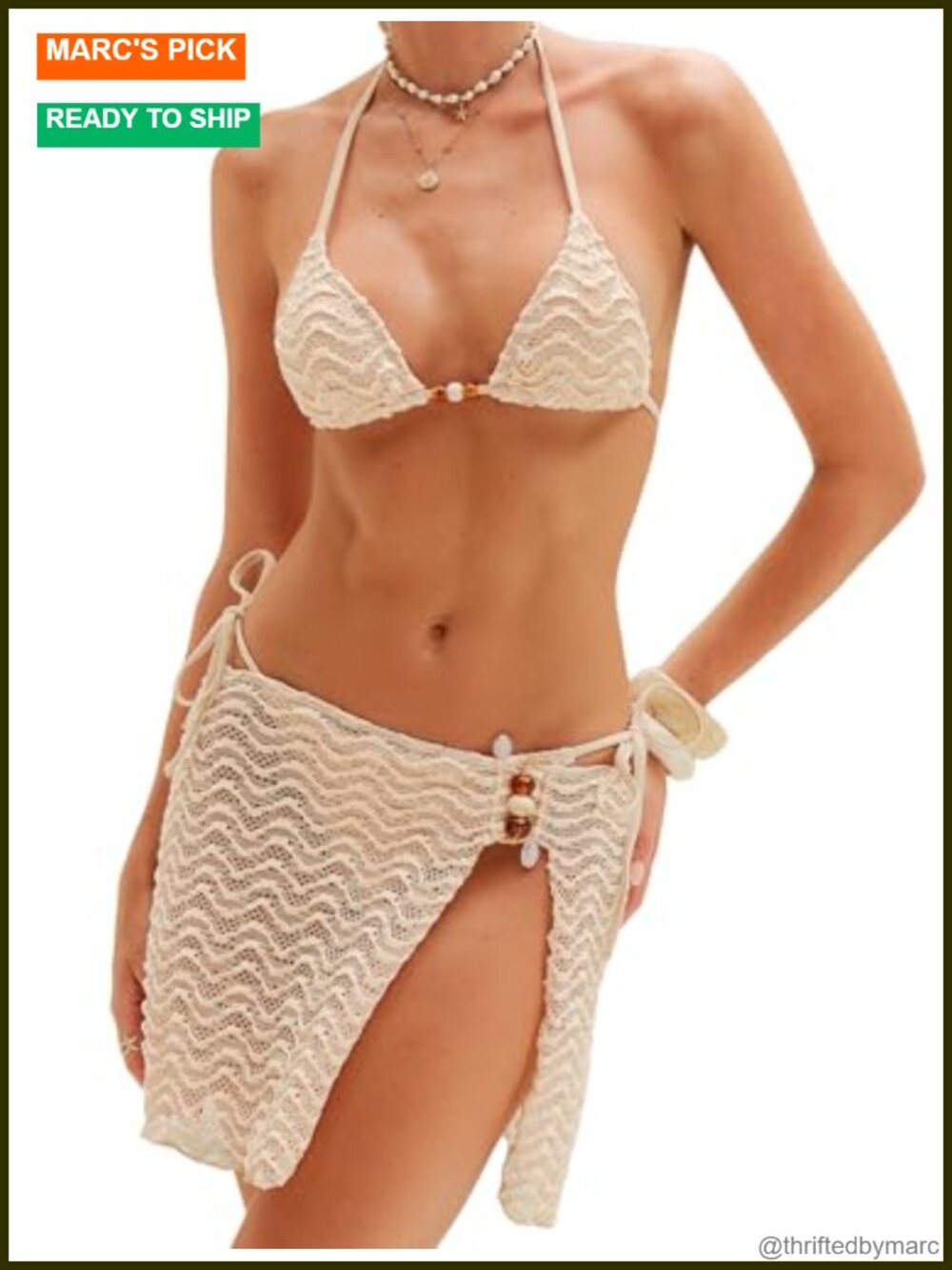 Textured Halter Triangle String Tie 3PC Bikini Set & Cover Up Skirt